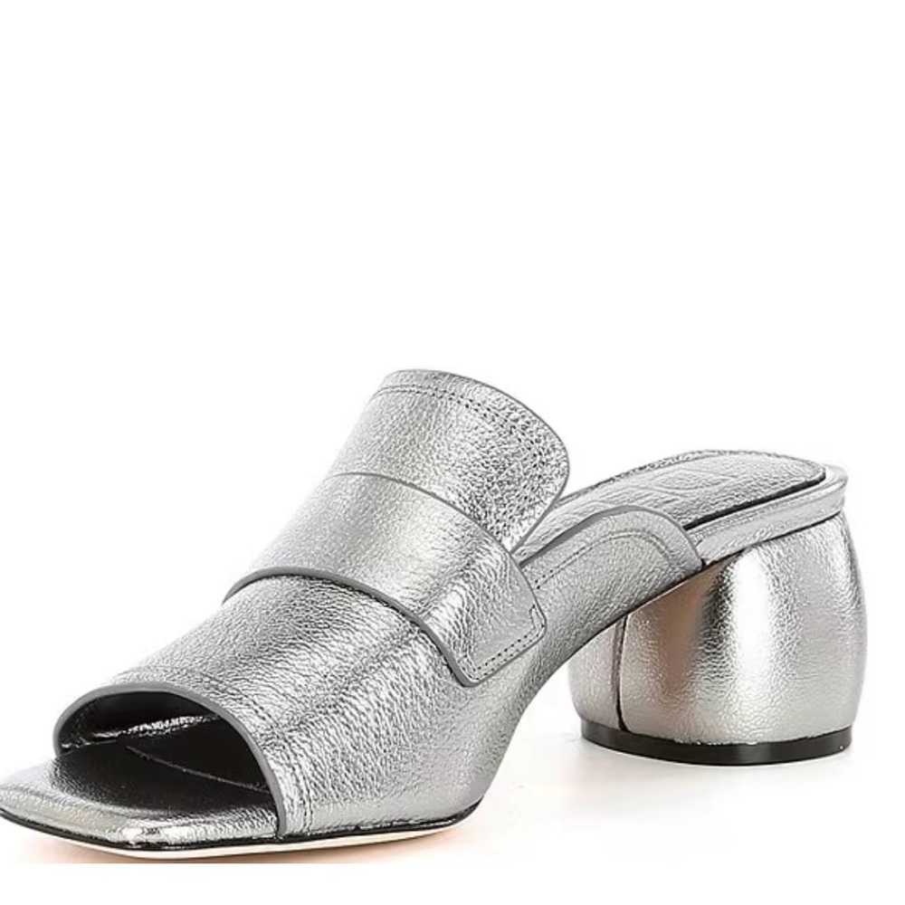 Metallic Silver Mule Baker Leather Block Heel Sandals, size 7
